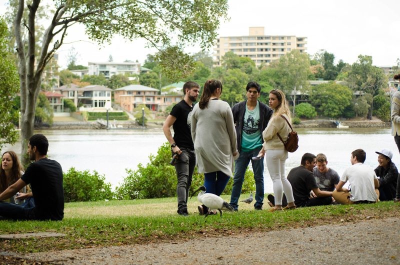 grupo de jóvenes hablando de pie en el césped y detrás los edificios de la ciudad